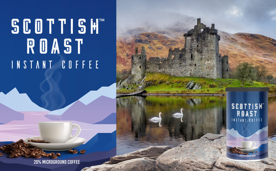 scottish roast instant coffee with tin and castle