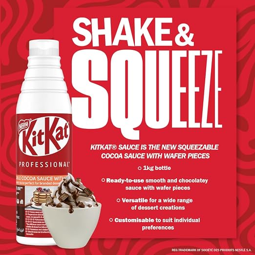 KitKat sauce bottle with promotional text on a red background