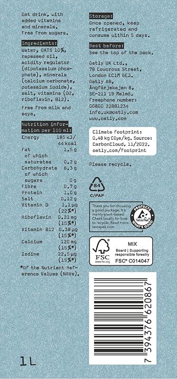 Oatly "No" Sugars Oat Drink (1 Litre) - Discount Coffee