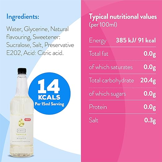 Simply Sugar Free Vanilla Flavouring Syrup (1 litre) - Discount Coffee