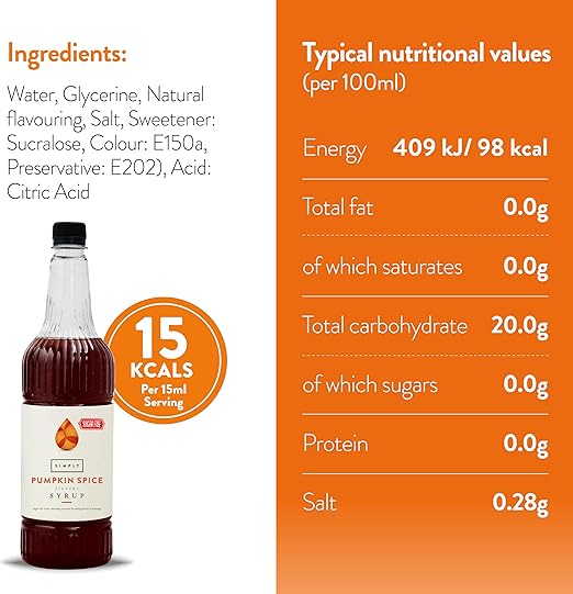 Simply Sugar Free Pumpkin Spice Flavouring Syrup (1 Litre) - Discount Coffee