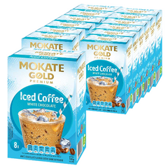 Mokate Iced Coffee White Chocolate Flavour 8 x 12 Sachets Case. Multiple boxes of Mokate Gold Iced Coffee White Chocolate flavour on a white background - Discount Coffee