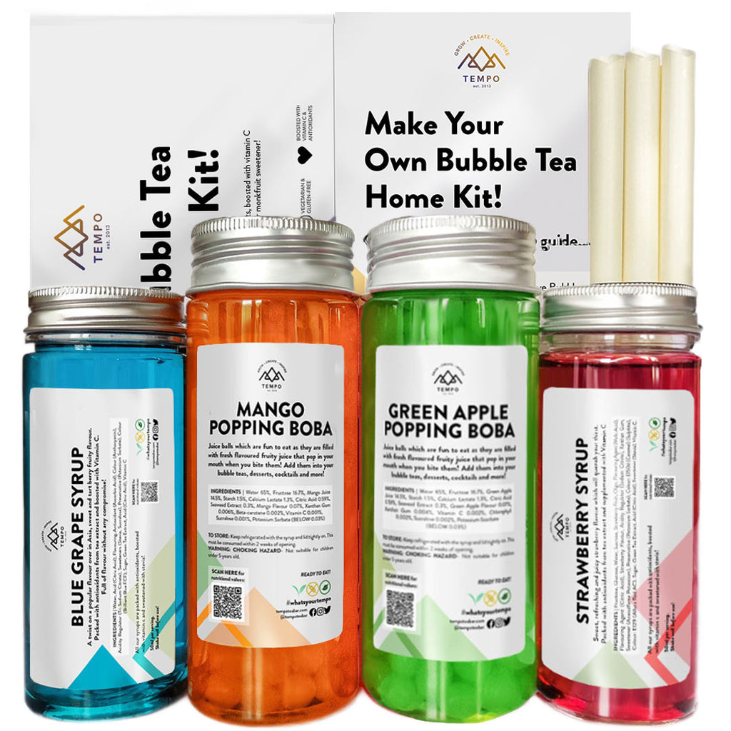 Bubble Tea Kit - Strawberry & Blue Grape Syrup with Apple & Mango Boba (6 Serving) - Discount Coffee