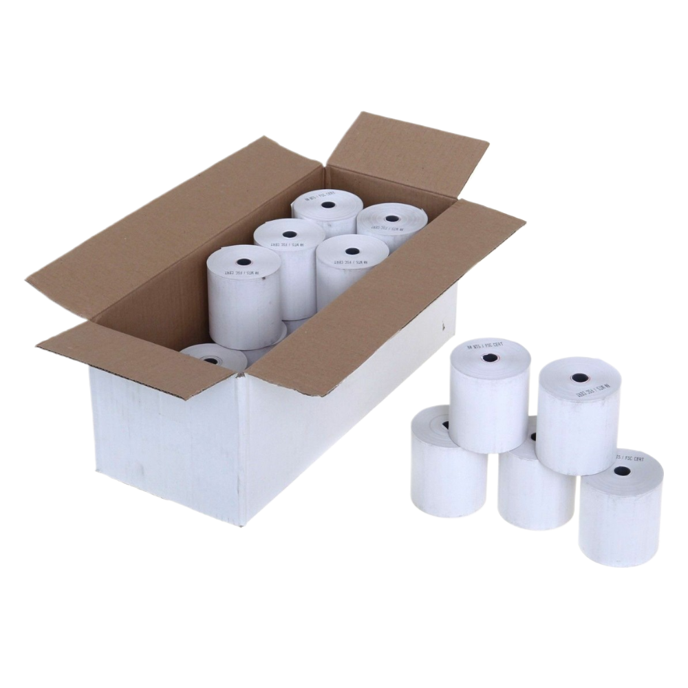 A box of white thermal paper print rolls with several loose rolls displayed next to it on a clean white background.