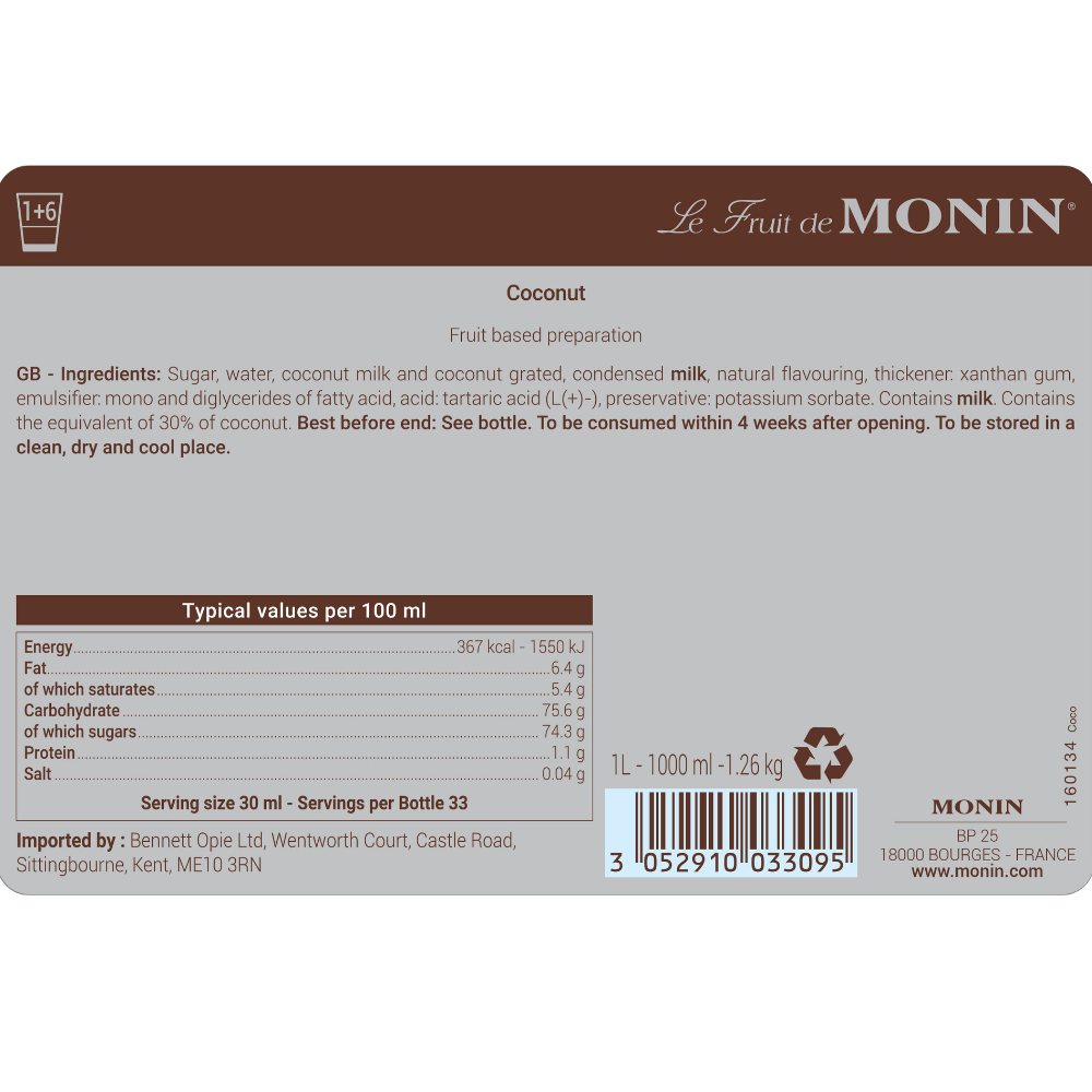 Monin Coconut Fruit Mix Puree (1 Litre) with Pourer