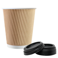12oz Kraft Ripple Paper Cups & Lids Pack (100)