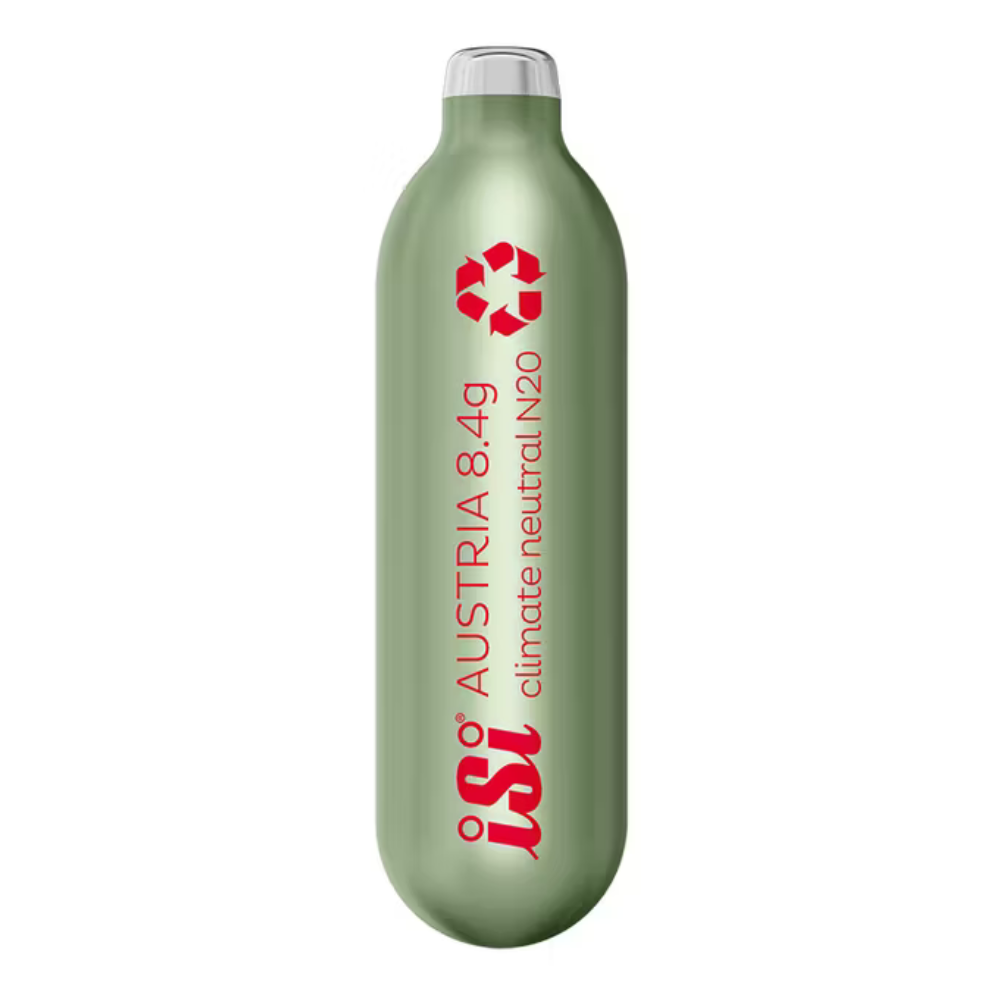 A 8.4g carbon dioxide cylinder for climate neutral N2O production by iSi, featuring a metallic sage green body with red text and logo, and a silver cap, set against a plain white background.