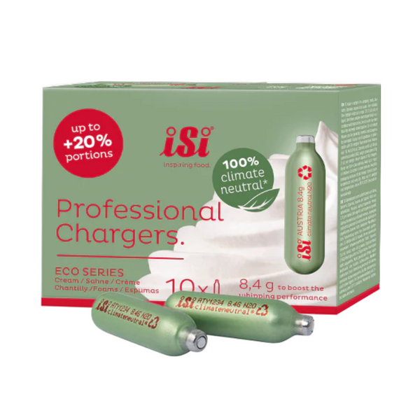 A box of iSi Professional Chargers Eco Series with two green cream chargers placed in front on a white background.