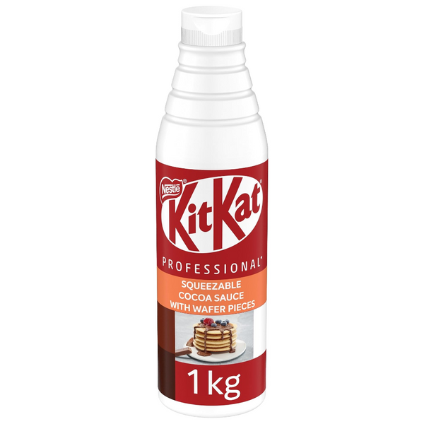 A 1 kg canister of KitKat Professional Squeezable Cocoa Sauce with wafer pieces, featuring a white plastic bottle with a red and orange label.