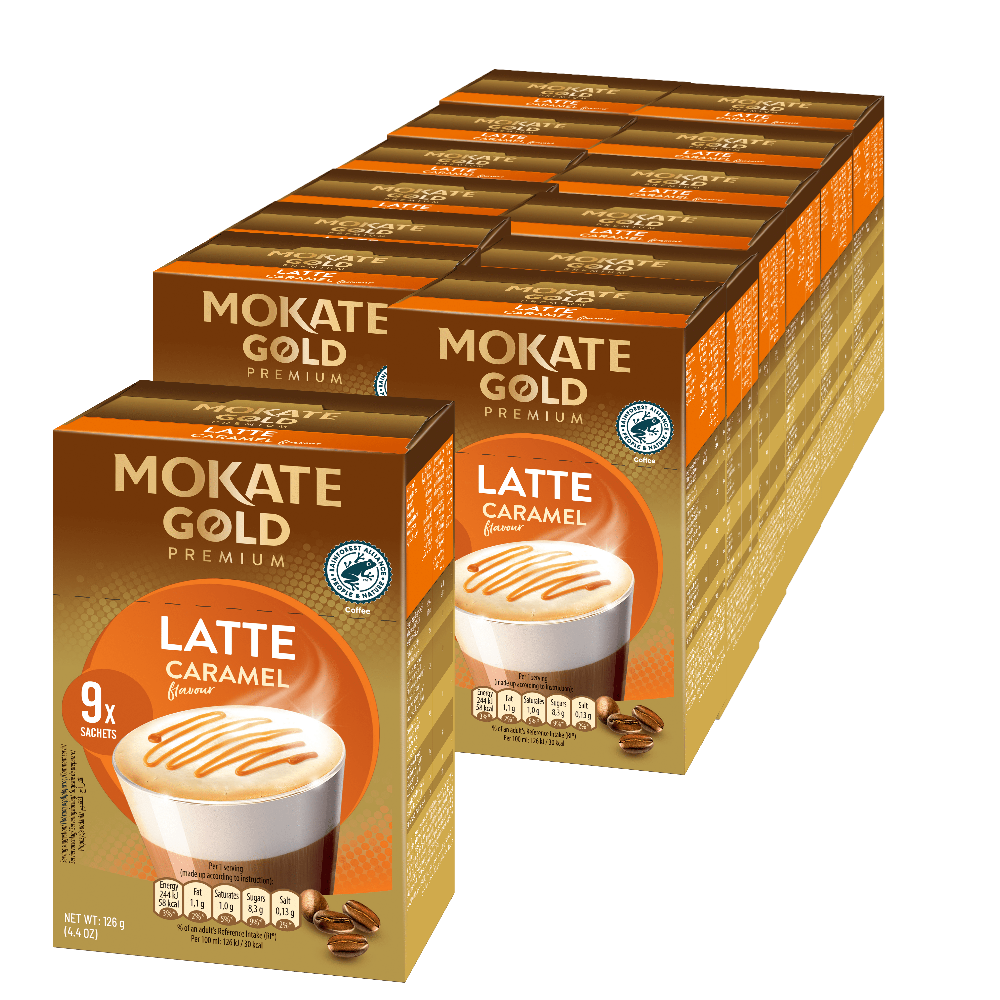 Mokate Gold Caramel Latte 12 x 10 Sachets Case. A Picture of Multiple boxes of Mokate Gold Latte Caramel flavour coffee on a white background - Discount Coffee