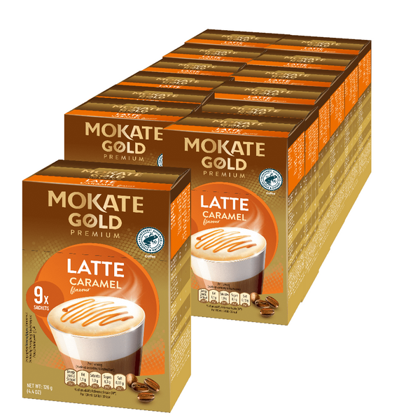 Mokate Gold Caramel Latte 12 x 10 Sachets Case. A Picture of Multiple boxes of Mokate Gold Latte Caramel flavour coffee on a white background - Discount Coffee