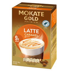 Mokate Gold Premium Caramel Latte 10 Sachets Box. A Picture of a Single Box of Mokate Gold Caramel Latte on a White Background - Discount Coffee