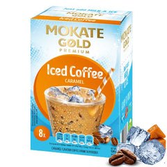 Mokate Instant Caramel Iced Coffee Sachets 12 x 8. A Picture of a Single Box of Mokate Gold Iced Coffee Caramel Flavour on a White Background - Discount Coffee