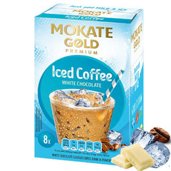Mokate Instant White Chocolate Iced Coffee Sachets  12 x 8. A Picture of a Box of Mokate White Chocolate Iced Coffee on a White Background - Discount Coffee