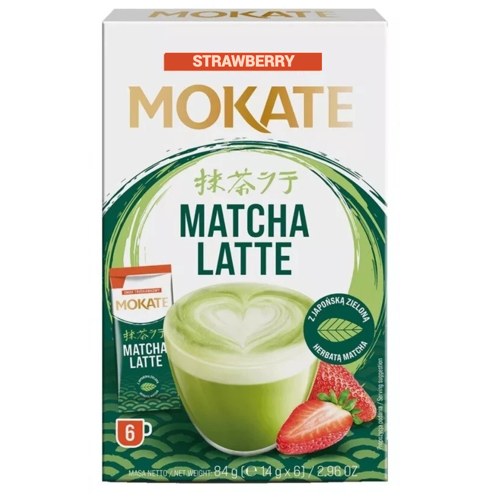 A box of MOKATE Strawberry Matcha Latte herbal tea, featuring a white and green design with an illustration of a matcha latte cup with a heart-shaped foam pattern and fresh strawberries.