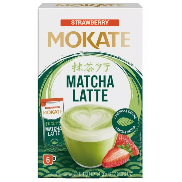 A box of MOKATE Strawberry Matcha Latte herbal tea, featuring a white and green design with an illustration of a matcha latte cup with a heart-shaped foam pattern and fresh strawberries.