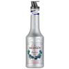 A bottle of Le Fruit de Monin Blueberry Syrup with a silver textured body, a black and silver pump dispenser, and a blueberry-themed label on a white background.