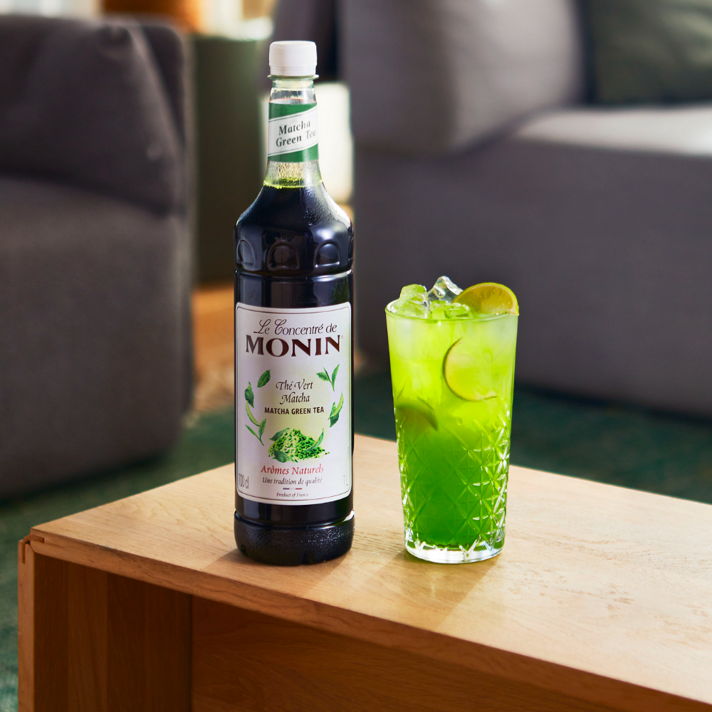 Monin Premium Matcha Concentrate (1 Litre) With an Iced Matcha Green Tea Cooler - Discount Coffee