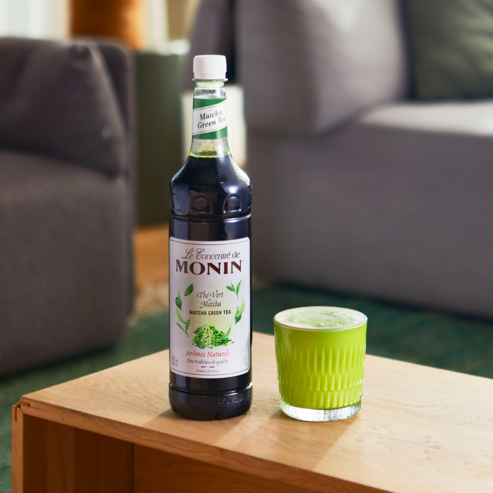 Monin Premium Matcha Concentrate (1 Litre) With a Glass of Matcha Tea - Discount Coffee