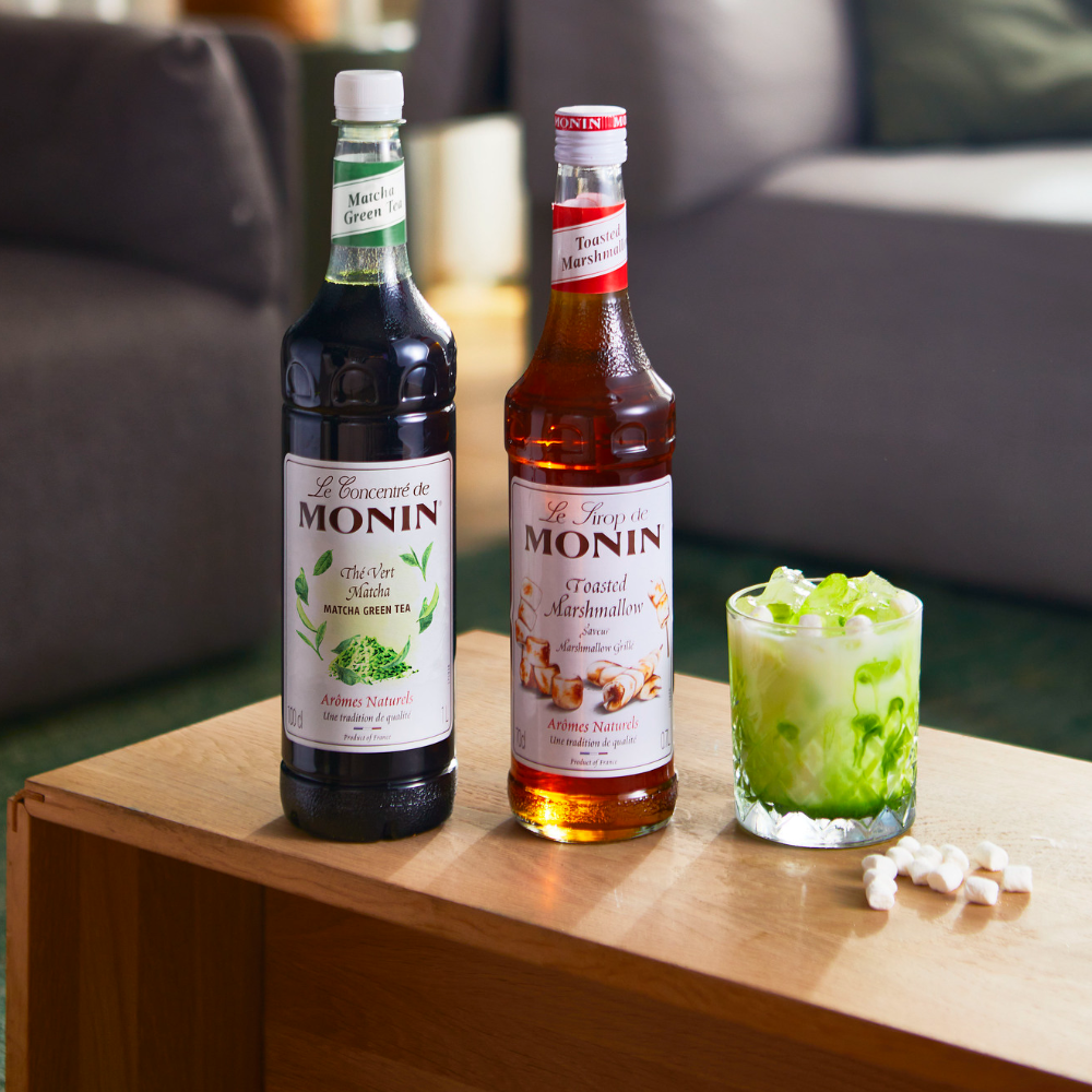 Monin Premium Matcha Concentrate (1 Litre) With a Bottle of Monin Toasted Marshmallow & Glass of Matcha Marshmallow - Discount Coffee