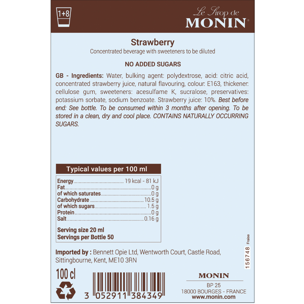 Monin Strawberry Sugar Free Syrup 1 ltr Bottle. Monin strawberry no sugar low calorie concentrate label with ingredients and nutritional information - Discount Coffee