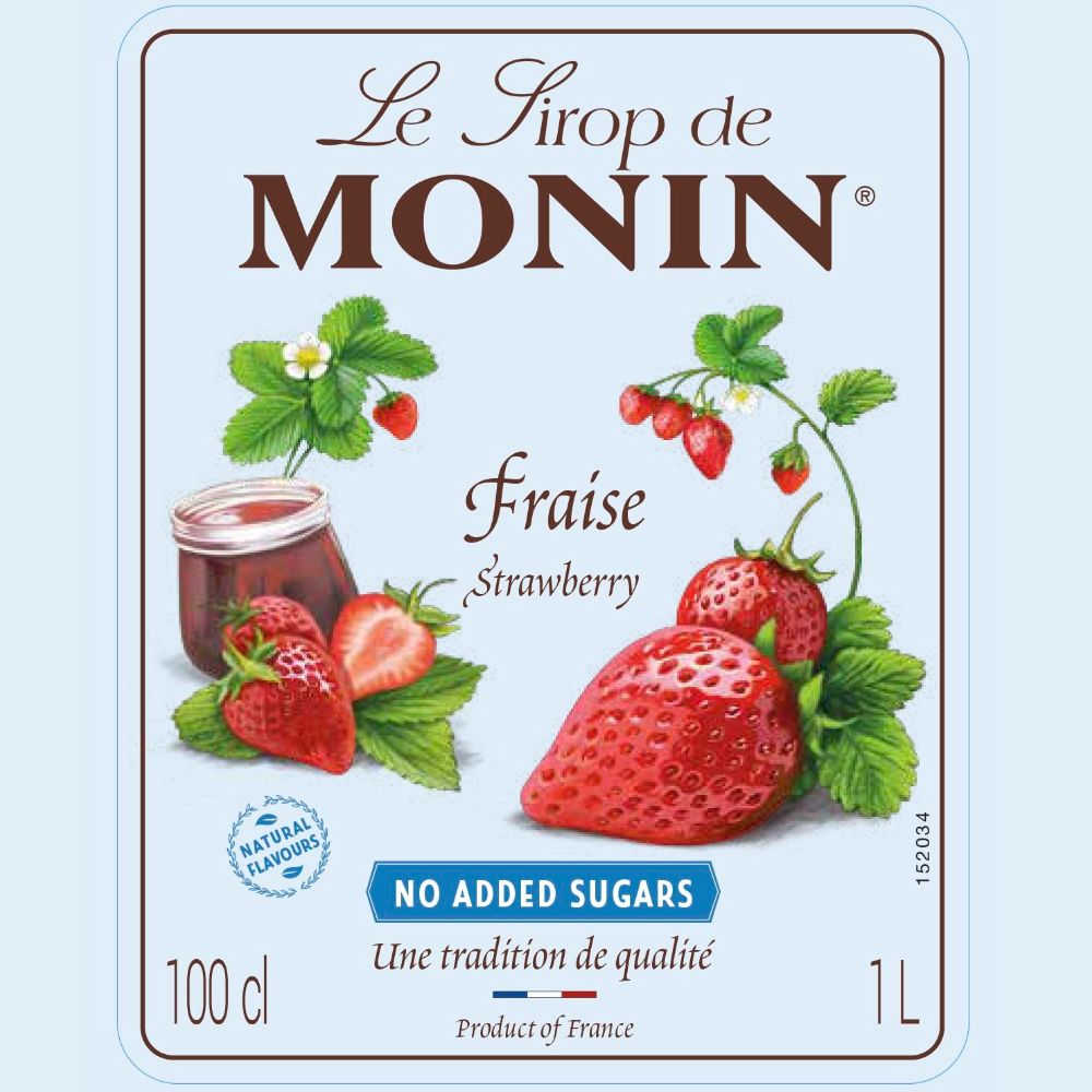 Monin Strawberry Sugar Free Bottle 1 Ltr. Monin Strawberry syrup front label with strawberries and a jar of Strawberry syrup on a light blue background - Discount Coffee