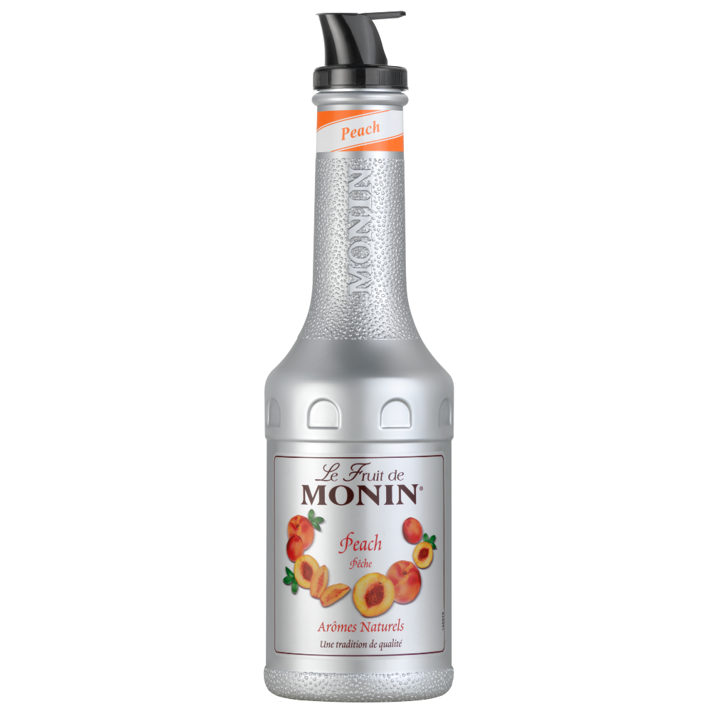 A bottle of Le Fruit de Monin Peach Soda syrup with a textured silver body, a black pump dispenser, and a peach-themed label, shown on a plain white background.