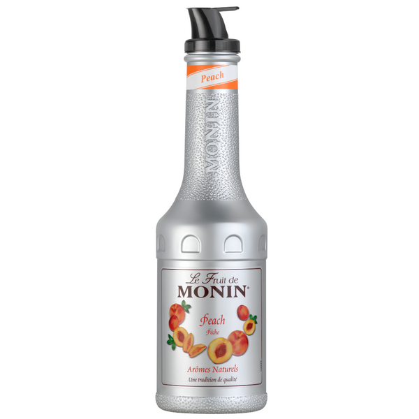 A bottle of Le Fruit de Monin Peach Soda syrup with a textured silver body, a black pump dispenser, and a peach-themed label, shown on a plain white background.