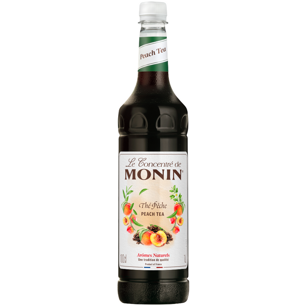 Monin Peach Tea syrup bottle 1 Ltr on a white background - Discount Coffee