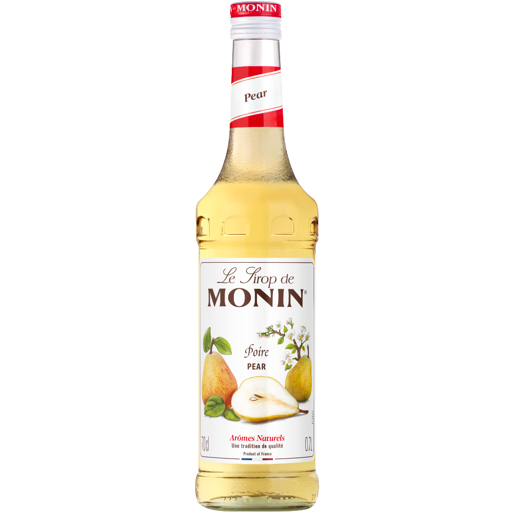 A bottle of Monin Pear syrup 700ml, featuring a white label with illustrations of pears and a yellow liquid inside, set against a plain white background. Discount Coffee