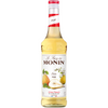 A bottle of Monin Pear syrup 700ml, featuring a white label with illustrations of pears and a yellow liquid inside, set against a plain white background. Discount Coffee
