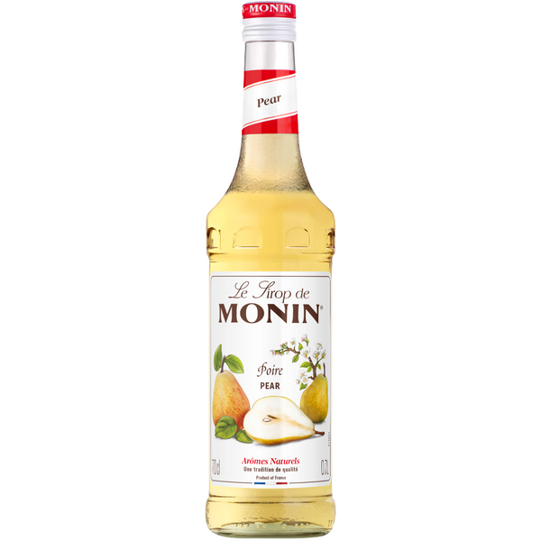 A bottle of Monin Pear syrup 700ml, featuring a white label with illustrations of pears and a yellow liquid inside, set against a plain white background. Discount Coffee