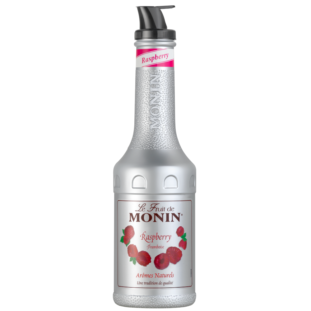 Monin Raspberry Puree Bottle 1Ltr. A Picture of a Single silver Bottle of Monin Raspberry Puree 50.1% Fruit Content on a white background -Discount Coffee