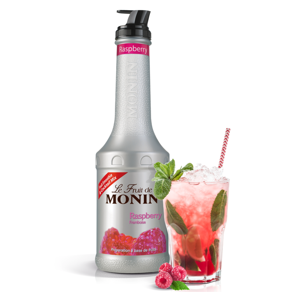 Monin Raspberry Puree 1Ltr Bottle. Monin raspberry Puree bottle with a raspberry-themed iced cocktail on a white background - Discount Coffee