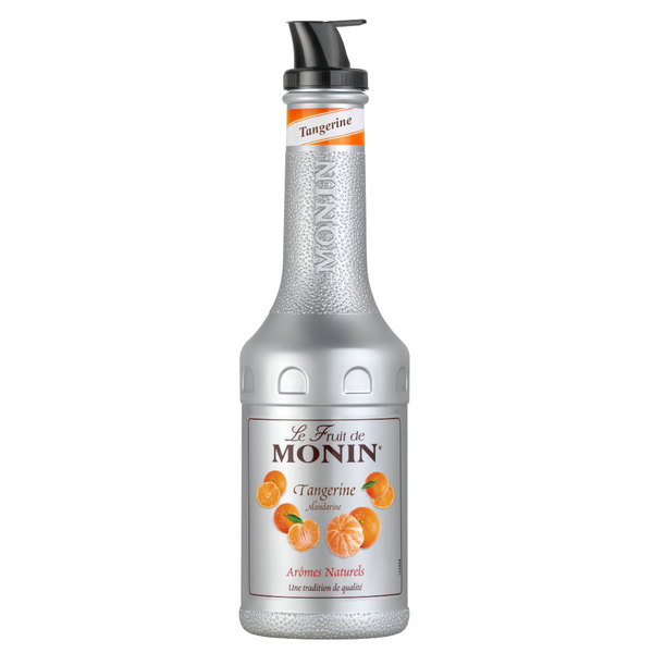 A bottle of Monin Tangerine puree 1  litre with a black dispenser, featuring a textured silver bottle and a label with orange slices, on a solid white background.