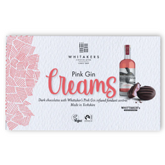 Whitakers Chocolate Pink Gin Creams (150g) A picture of a pink and white box of vegan Whitaker's Pink Gin creams chocolates on a white background - Discount Coffee