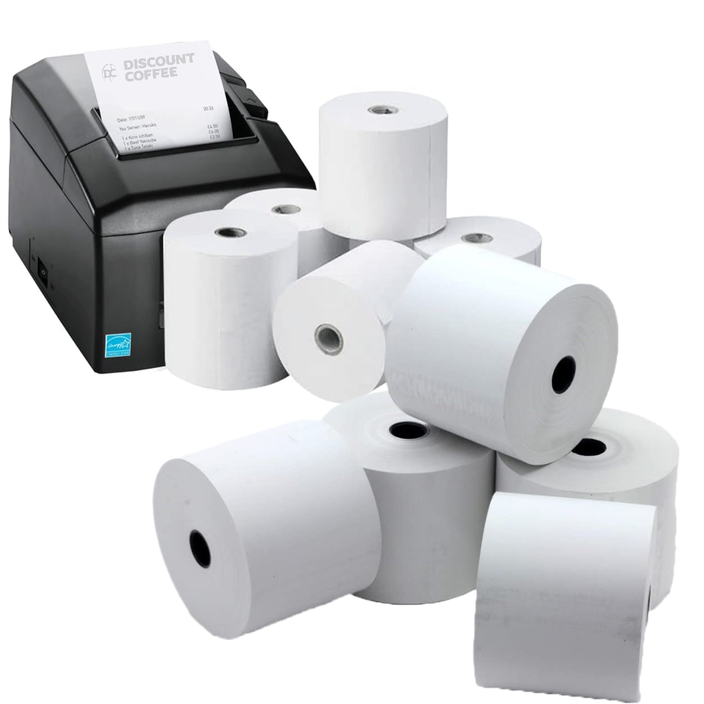 A black receipt printer with a sample printout next to several white 80 x 80 mm thermal paper roll dispensers on a plain white background. Discount Coffee