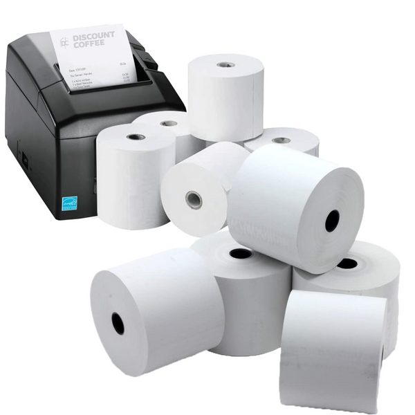 A black receipt printer with a sample printout next to several white 80 x 80 mm thermal paper roll dispensers on a plain white background. Discount Coffee