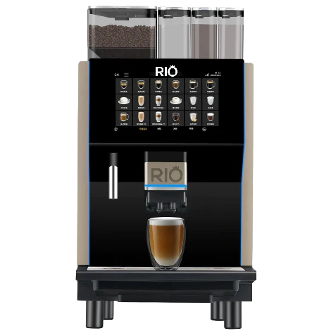 Rio Barista 3 Automatic Bean to Cup Coffee machine with a glass of coffee on a white background