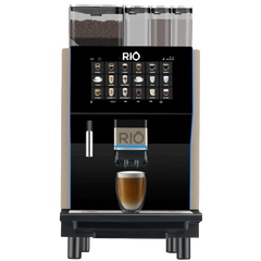 Rio Barista 3 Automatic Bean to Cup Coffee machine with a glass of coffee on a white background