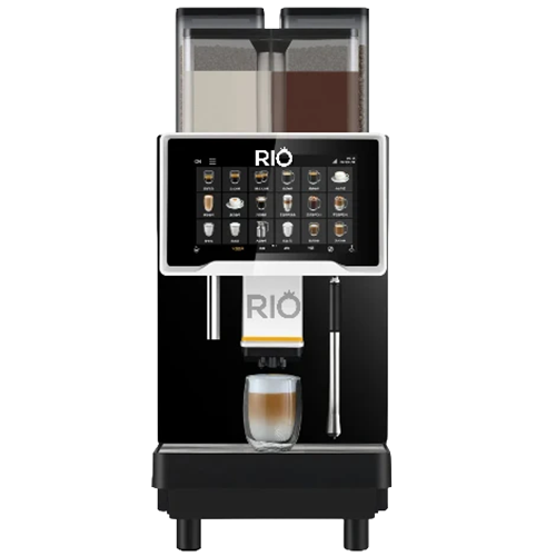 Rio Barista 4 Automatic Bean to Cup coffee machine with a glass of coffee on a white background