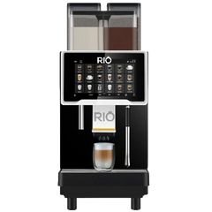 Rio Barista 4 Automatic Bean to Cup coffee machine with a glass of coffee on a white background