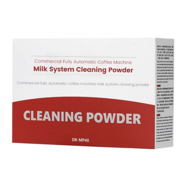 A white and red box of Commercial Fully Automatic Coffee Machine Milk System Cleaning Powder for Rio Barista Coffee Machines, 30 individual packs shown on a plain white background.