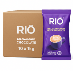 Rio Belgian Gold Premium Hot Chocolate (10 x 1kg) A picture of a brown box of Rio Belgian Gold Chocolate next to a purple bag of Rio Belgian Gold Hot Chocolate powder 1kg on a white background - Discount Coffee