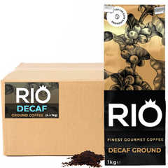 Rio Decaf Barista Ground Coffee (4x1kg) A picture of a box of Rio Decaf ground coffee next to a Rio Dcaf Ground Coffee bag - Discount Coffee