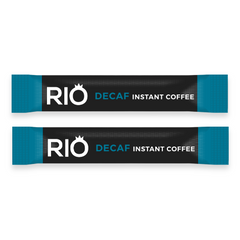 Rio Decaf Instant Coffee Sticks 200. Two RIO Decaf instant coffee packets on a white background -Discount Coffee