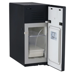 Rio black milk refrigerator-6 litres, with open door showing interior and a label on a white background
