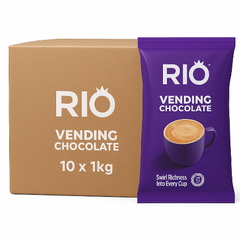 Vending Hot Chocolate Powder (Bulk Buy - 10 x 1kg) A picture of a box of Rio vending Hot Chocolate Powder with a purple 1kg bag of Rio Vending Chocolate powder on a white background - Discount Coffee