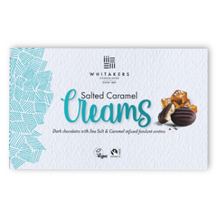 Whitakers Chocolate Salted Caramel Creams (150g) A picture of a white and blue box of vegan Whitaker's salted Caramel Creams on a white background - Discount Coffee