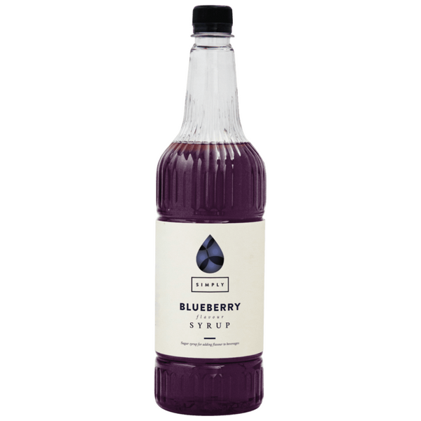 A bottle of Simply Blueberry Syrup 1 Litre with a black cap and a cream-colored label, shown against a plain white background. Discount Coffee